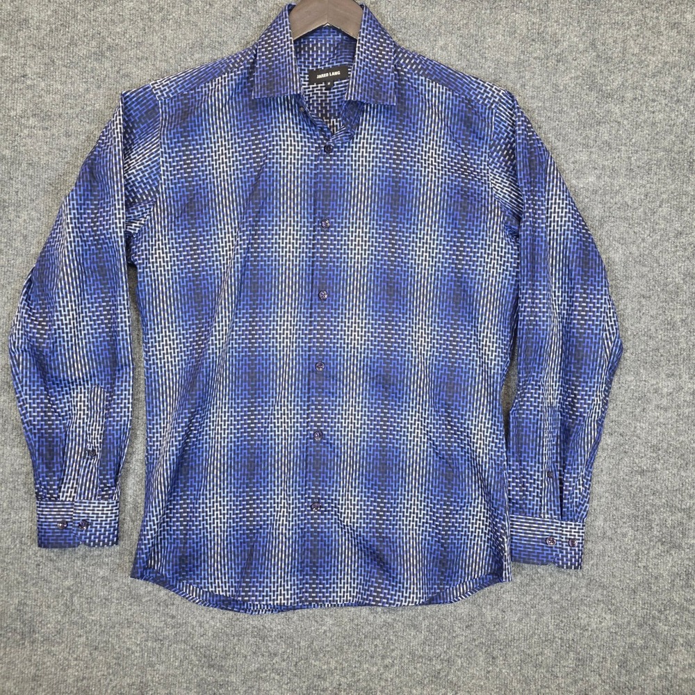 Jared Lang Mens Medium Blue Black White Geometric Long Sleeve Button Down Shirt